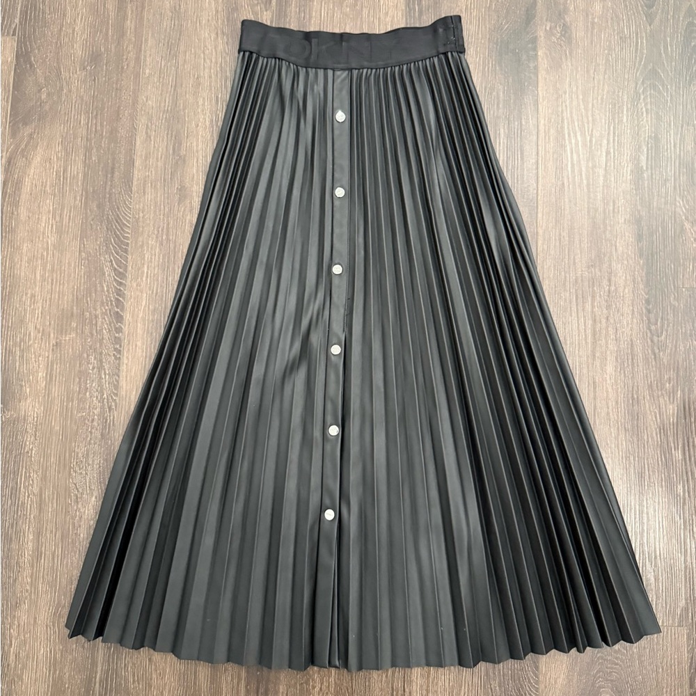 DKNY Women’s Black Pleated Faux Leather Midi Skirt